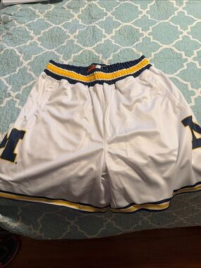 SLAM White Athletic Shorts with Navy & Yellow Trim Michigan 90s retro.